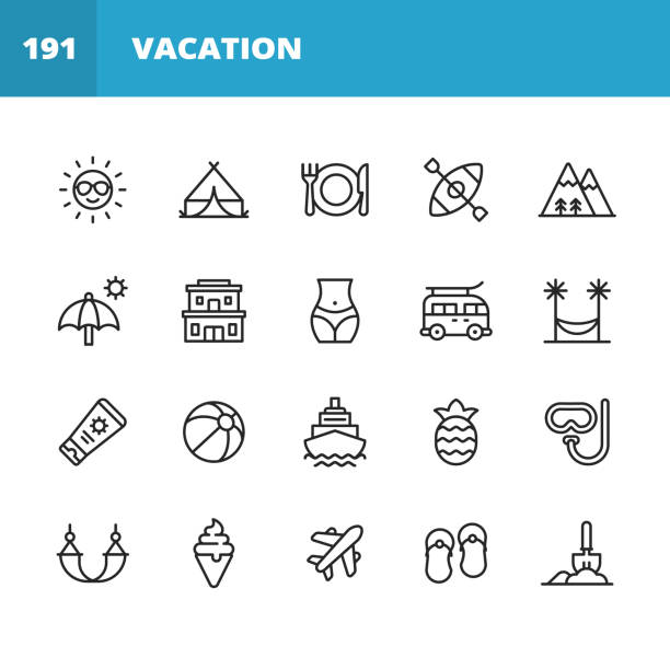 ilustrações de stock, clip art, desenhos animados e ícones de vacations and tourism line icons. editable stroke. pixel perfect. for mobile and web. contains such icons as summer, holiday, travel, camping, party, sunglasses, sun, tent, restaurant, mountain, hiking, umbrella, camper, road trip, ball, cruise, hammock. - summer resort id card sign paperwork