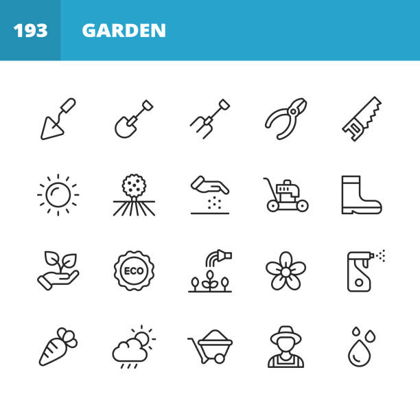 ikony linii ogrodowej. edytowalny obrys. pixel perfect. dla urządzeń mobilnych i sieci web. zawiera takie ikony jak kielnia ogrodowa, łopata, łopata, nożyce żywopłotowe, ogrodnik, nawóz, ogrodzenie, nasiona, roślina, środowisko, owoce, warzywa, p - grace stock illustrations