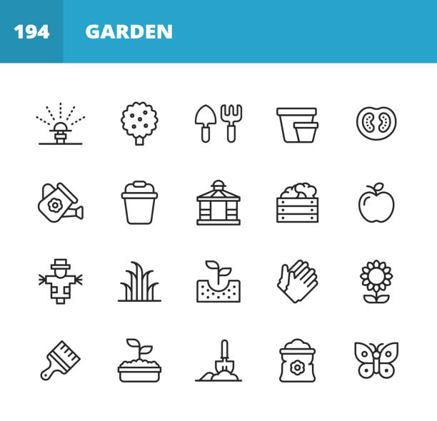 Garden Line Icons. Editable Stroke. Pixel Perfect. For Mobile and Web. Contains such icons as Sprinkler, Water, Irrigation, Tree, Agriculture, Fruit, Pitchfork, Garden Trowel, Tomato, Bucket, Arbor, Scarecrow, Grass, Seed, Soil, Flower, Butterfly. 20 Garden Outline Icons. Sprinkler, Water, Irrigation, Watering, Tree, Agriculture, Fruit, Pitchfork, Garden Trowel, Tomato, Vegetable, Flowerpot, Bucket, Arbor, Apple, Scarecrow, Grass, Seed, Plant, Soil, Cultivation, Flower, Butterfly, Gardening, Growing Plants. watering pail stock illustrations