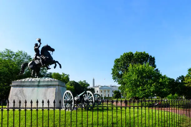 White House and Andrew Jackson Equestrian Statue  view from Lafayette Square, Washington DC