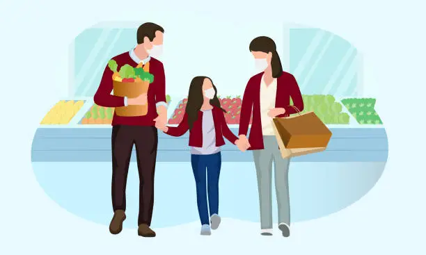 Vector illustration of New normal vector illustration, Happy family wearing masks while shopping in supermarket