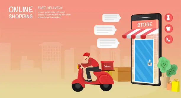 Vector illustration of Online shopping on Website or Mobile Application with delivery service man vector illustration