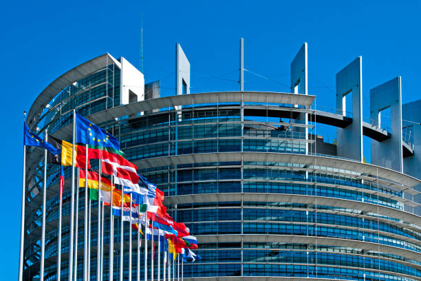 budynek parlamentu europejskiego w strasburgu - european parliament government flag europe zdjęcia i obrazy z banku zdjęć