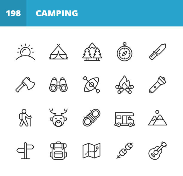 ilustraciones, imágenes clip art, dibujos animados e iconos de stock de iconos de la línea de camping. trazo editable. pixel perfecto. para móviles y web. contiene iconos como sol, verano, tienda, bosque, brújula, hacha, binoculares, kayak, fogata, trekking, escalada, caza, nudo, camper, viaje, vacaciones, mochila, mapa, ma - wilderness area illustrations