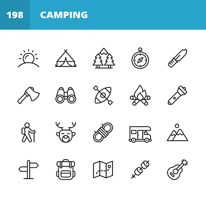 20 Camping Outline Icons. Camping, Sun, Summer, Sunrise, Sunset, Tent, Forest, Trees, Navigation Compass, Directions, Axe, Binoculars, Kayak, Fire, Campfire, Trekking, Climbing, Mountains, Deer, Hunting, Animal, Rope, Knot, Camper, Vehicle, Trip, Vacation, Backpack, Map, Treasure Hunt, Marshmallow.