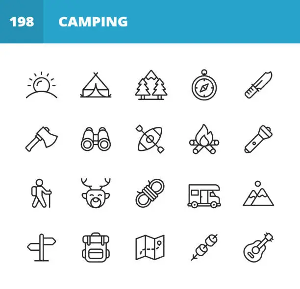 Vector illustration of Camping Line Icons. Editable Stroke. Pixel Perfect. For Mobile and Web. Contains such icons as Sun, Summer, Tent, Forest, Compass, Axe, Binoculars, Kayak, Campfire, Trekking, Climbing, Hunting, Knot, Camper, Trip, Vacation, Backpack, Map, Marshmallow.
