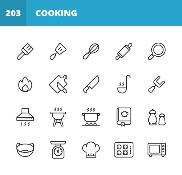 ilustrações de stock, clip art, desenhos animados e ícones de cooking line icons. editable stroke. pixel perfect. for mobile and web. contains such icons as pastry brush, spatula, whisk, rolling pin, frying pan, kitchen knife, paddle, fork, cooker hood, grill, pan, bowl, chef hat, microwave, chopping board, food. - chef