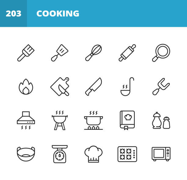 иконы линии приготовления пищи. редактируемый ход. пиксель совершенный. для мобильных устройств и интернета. содержит такие значки, как кон - dessert spice baking cooking stock illustrations