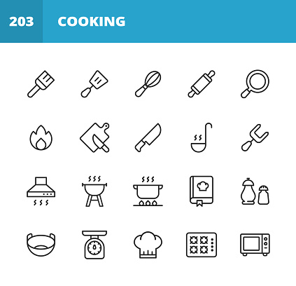 20 Cooking Outline Icons. Pastry Brush, Spatula, Whisk, Rolling Pin, Frying Pan, Kitchen Knife, Chopping Board, Slicing, Paddle, Fork, Cooker Hood, Grill, Cooking, Boiling, Salt and Pepper, Seasoning, Pan, Bowl, Kitchen Scales, Chef Hat, Microwave.