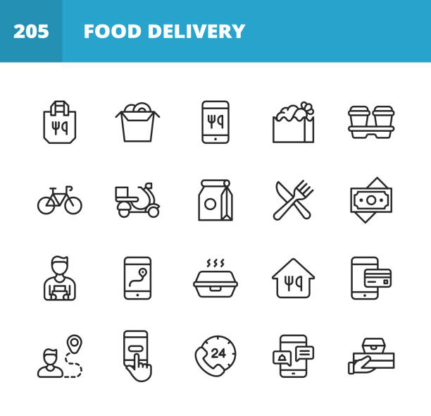 ilustrações de stock, clip art, desenhos animados e ícones de food delivery line icons. editable stroke. pixel perfect. for mobile and web. contains such icons as take out food, mobile app, bag, container, location tracking, food truck, motor scooter, contactless payments, coffee, eating, restaurant, sushi. - food
