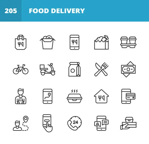 Vector illustration of Food Delivery Line Icons. Editable Stroke. Pixel Perfect. For Mobile and Web. Contains such icons as Take Out Food, Mobile App, Bag, Container, Location Tracking, Food Truck, Motor Scooter, Contactless Payments, Coffee, Eating, Restaurant, Sushi.
