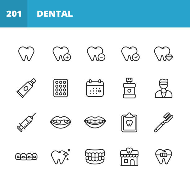 ilustraciones, imágenes clip art, dibujos animados e iconos de stock de iconos de línea dental. trazo editable. pixel perfecto. para móviles y web. contiene iconos tales como dientes, protección, pasta de dientes, píldora, calendario, dentista, jeringa, anestesia, sonrisa, blanqueamiento dental, limpieza de dientes, dentad - dental hygiene prosthetic equipment dentist office dental equipment