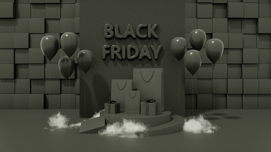 3d rendering of gift boxes, shopping bags, smoke and balloons on black color background. Black Friday Concept.