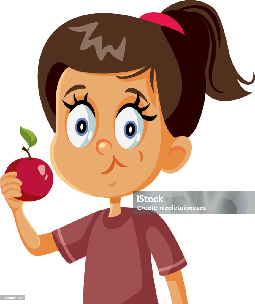 Cute Girl Eating An Apple Vector Cartoon Stock Illustration - Download  Image Now - Apple - Fruit, Eating, Child - iStock