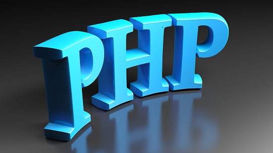 PHP blue bent write isolated on black  background - 3D rendering illustration