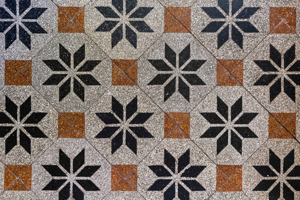 Old-fashioned antique brown beige floor tiles in a characteristic old farmhouse in the Netherlands as a full-screen background photo.