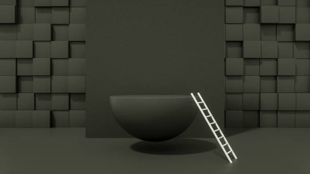 istock 3D Flying Black Color Empty Hemisphere Product Stand, Platform, Podium with Staircase 1256642402