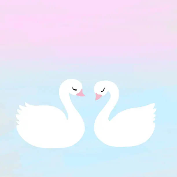 Vector illustration of Cute pair of white swans in love on watercolour pastel background. Love, tenderness concept.  Beautiful  template with  empty copy space. Vector illustration.