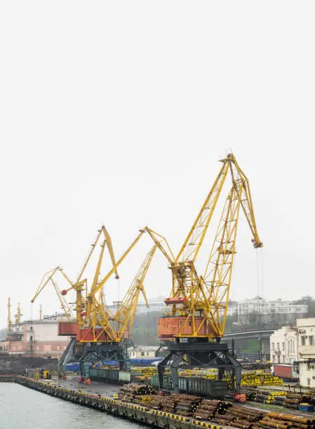 Landscape of cargo terminal in Odessa port, portal cranes on a pier are loading of coal, pipes and metal, isolated on white. Freight transportation and export products of heavy industry from Ukraine.