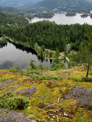 Looking down towards Hotel Lake, across to Mount Daniel, across Pender Harbour, and out towards the Strait of Georgia, Sunshine Coast, British Columbia, Canada