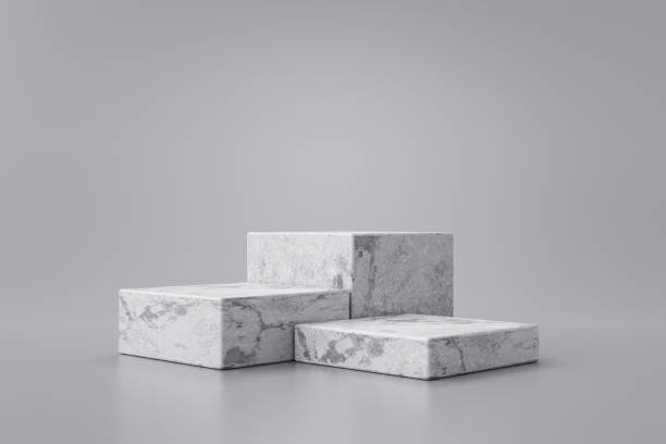 istock Three step of white marble product display on gray background with modern backdrops studio. Empty pedestal or podium platform. 3D Rendering. 1256646245