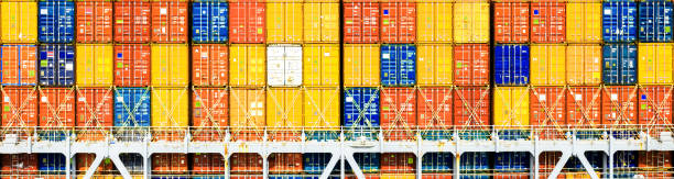 istock Rear view container ship. Business logistic transportation sea freight, Cargo ship 1256647941