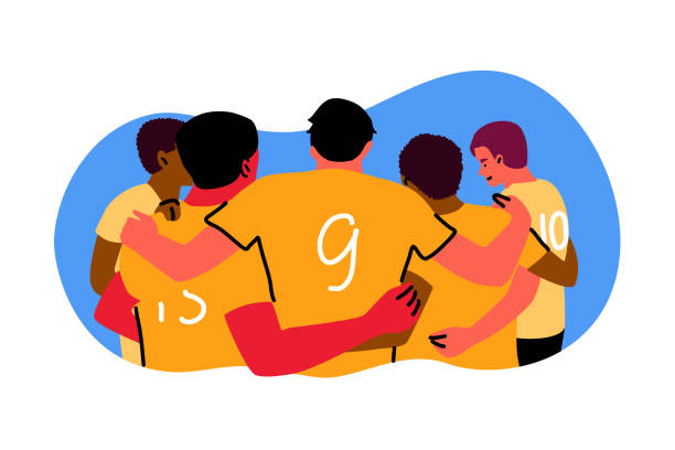 Sport, teamwok, celebration, winning concept Sport, teamwok, celebration concept. Rugby or american football team of young men boys standing in a huddle and rubbing feet on ground celebrating victory. Goal achiement and winning cup illustration. rugby stock illustrations