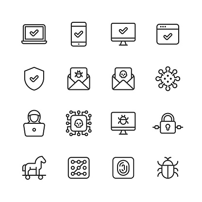 16 Cyber Security Outline Icons. Checkmark, Approved, Laptop, Computer, Smartphone, Mobile Phone, Personal Computer, Web Browser, Shield, Protection, E-Mail, Text Message, Bug, Virus, Skull, Trojan Horse, Computer Virus, Hacker, Thief, Computer Network, Cloud Computing, Processor, Artificial Intelligence, Machine Learning, Debugging, Padlock, Safety, Pass Code, Fingerprint, Password, Identity Management, Credit Card, Wireless Payments, Financial Technology, Database, Phishing, Surveillance, Firewall, Software, Computer Programming, Privacy.