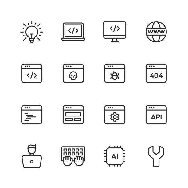 Computer Programming Line Icons. Editable Stroke. Pixel Perfect. For Mobile and Web. Contains such icons as Programming, Computer Language, Software Development, Coding, Virus, Error, Machine Learning, Artificial Intelligence, Agile, Hacker, Java, Sql. 16 Computer Programming Outline Icons. Programming, Computer Language, Software Development, Coding, Debugging, Brainstorming, Idea, Laptop, Desktop, Workplace, Office, Web Browser, Internet, Computer Virus, Error, Computer Bug, Website, Web Development, Webpage, Website not Found, Code, Web Layout, User Interface Programming, Configuration, Machine Learning, Artificial Intelligence, Keyboard, Processor, Development Tools, Database, Agile Development, Hacker, Developer, Coder, Project Management, Chair, Coffee, Cloud Computing, Startup, Diagram, Computer Vision, Java, Sql. cascading style sheets stock illustrations