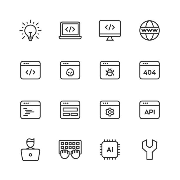 Computer Programming Line Icons. Editable Stroke. Pixel Perfect. For Mobile and Web. Contains such icons as Programming, Computer Language, Software Development, Coding, Virus, Error, Machine Learning, Artificial Intelligence, Agile, Hacker, Java, Sql. 16 Computer Programming Outline Icons. Programming, Computer Language, Software Development, Coding, Debugging, Brainstorming, Idea, Laptop, Desktop, Workplace, Office, Web Browser, Internet, Computer Virus, Error, Computer Bug, Website, Web Development, Webpage, Website not Found, Code, Web Layout, User Interface Programming, Configuration, Machine Learning, Artificial Intelligence, Keyboard, Processor, Development Tools, Database, Agile Development, Hacker, Developer, Coder, Project Management, Chair, Coffee, Cloud Computing, Startup, Diagram, Computer Vision, Java, Sql. web page computer icon symbol engineer stock illustrations