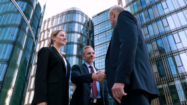 Beautiful smiling confident young caucasian woman pretty face meeting business partner, shaking hands happy millennial girl student professional low angle