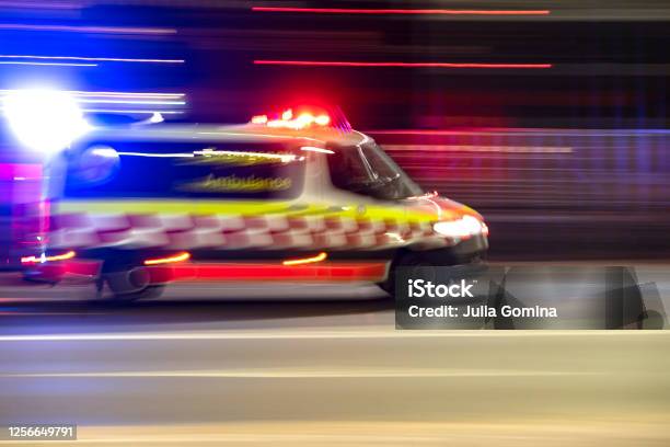 Night Ambulance Stock Photo - Download Image Now - Ambulance, Australia, Accidents and Disasters