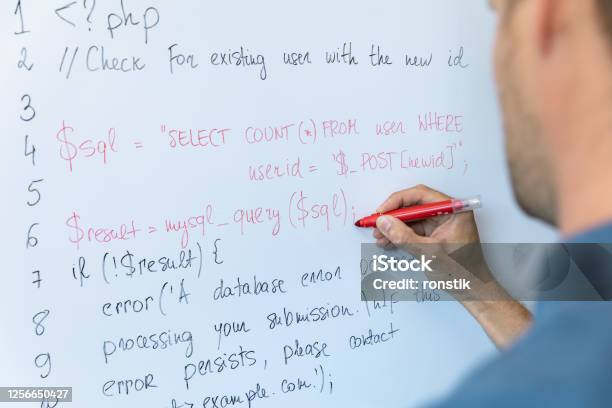 Data Safety And Programming Education Concept Man Writing Php Code On Whiteboard Stock Photo - Download Image Now