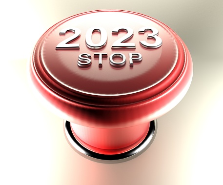 2023 STOP on red emergency push button - 3D rendering illustration