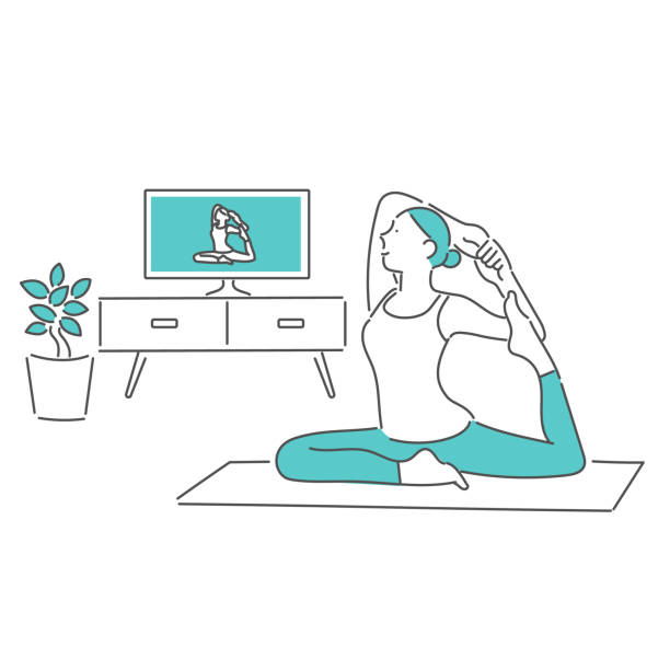 dehnen zu hause beobachten ein video - white background yoga exercising women stock-grafiken, -clipart, -cartoons und -symbole