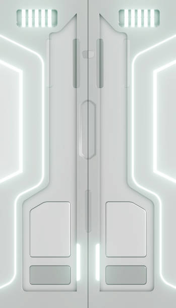 3D rendering. sci-fi neon illuminated door. Graphic illustration of the future interior. 3D rendering. sci-fi neon illuminated door. Graphic illustration of the future interior. futuristic spaceship stock pictures, royalty-free photos & images