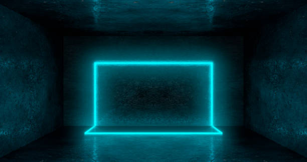 istock 3d rendering. A neon rectangle or square of light blue color in a dark room. Glossy hatching on the walls. 1256652041