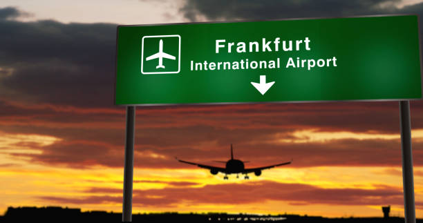 istock Plane landing in Frankfurt with signboard 1256652829