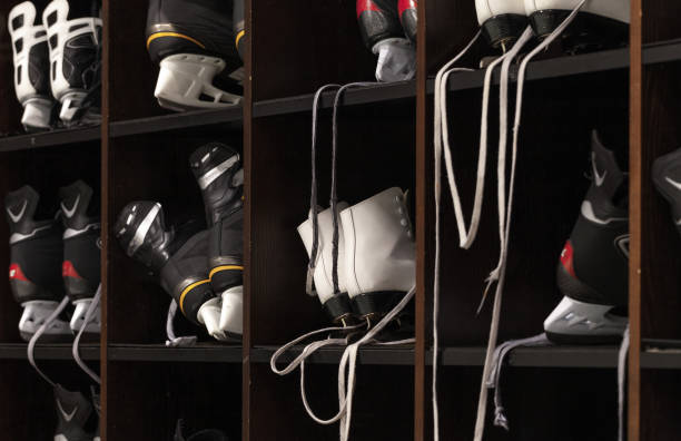 istock Ice skates for rent are on shelves 1256653410