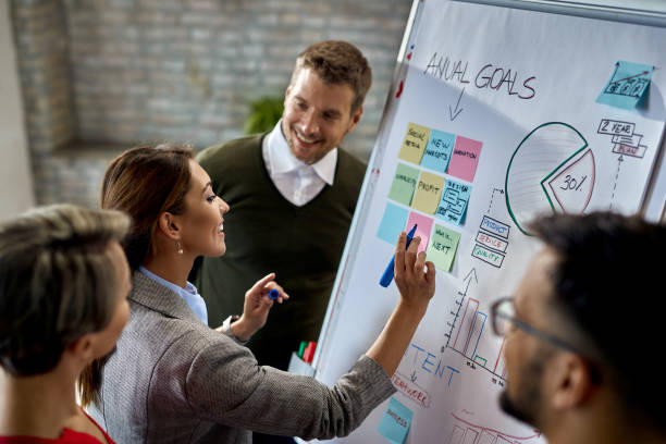 istock Happy colleagues cooperating while making new business strategy on whiteboard. 1256656796
