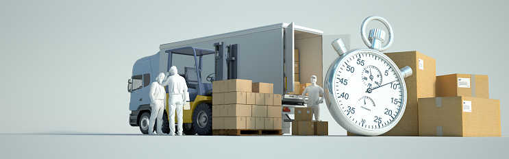 3D rendering of a truck, a van, a forklift, lots of packages, workers and a stopwatch