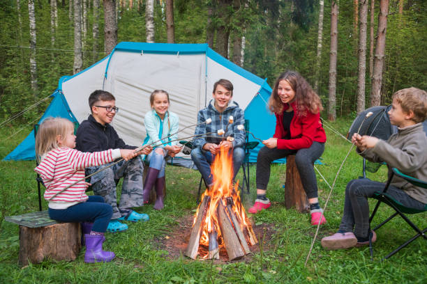 enfants torréfiant des guimauves sur le feu de camp appréciant des vacances d’été - tent camping lifestyles break photos et images de collection