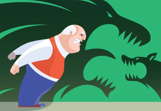 Vector illustration of angry senior man with furious lion and wolf shadows