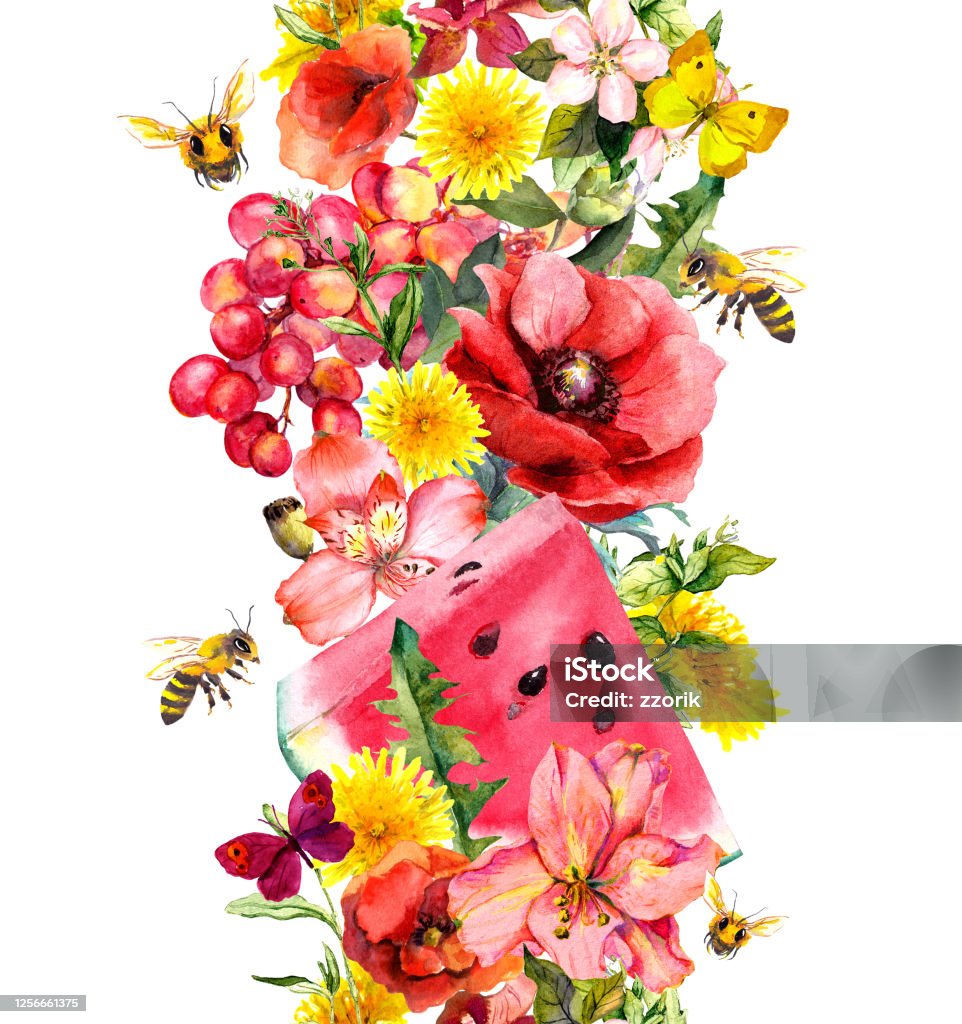 dienblad Om te mediteren gelijkheid Fruit Bloemen Gras Vlinders Bijen Naadloze Bloemenrand Aquarel Slinger Voor  De Zomer Ontwerp Stockvectorkunst en meer beelden van Abstract - iStock