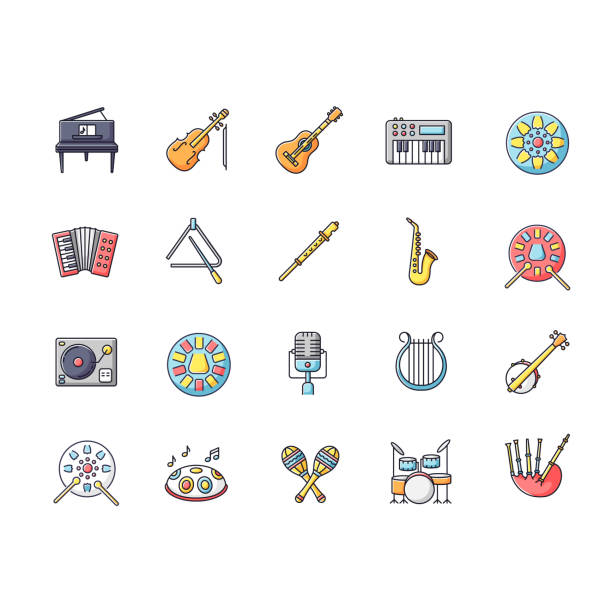 Classical musical instrument RGB color icons set Classical musical instrument RGB color icons set. Live band concert. Orchestral music performance. Play jazz and blues song. String instruments and percussion. Isolated vector illustrations steel drum stock illustrations