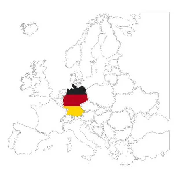 Vector illustration of Detailed Germany silhouette with national flag on contour europe map on white