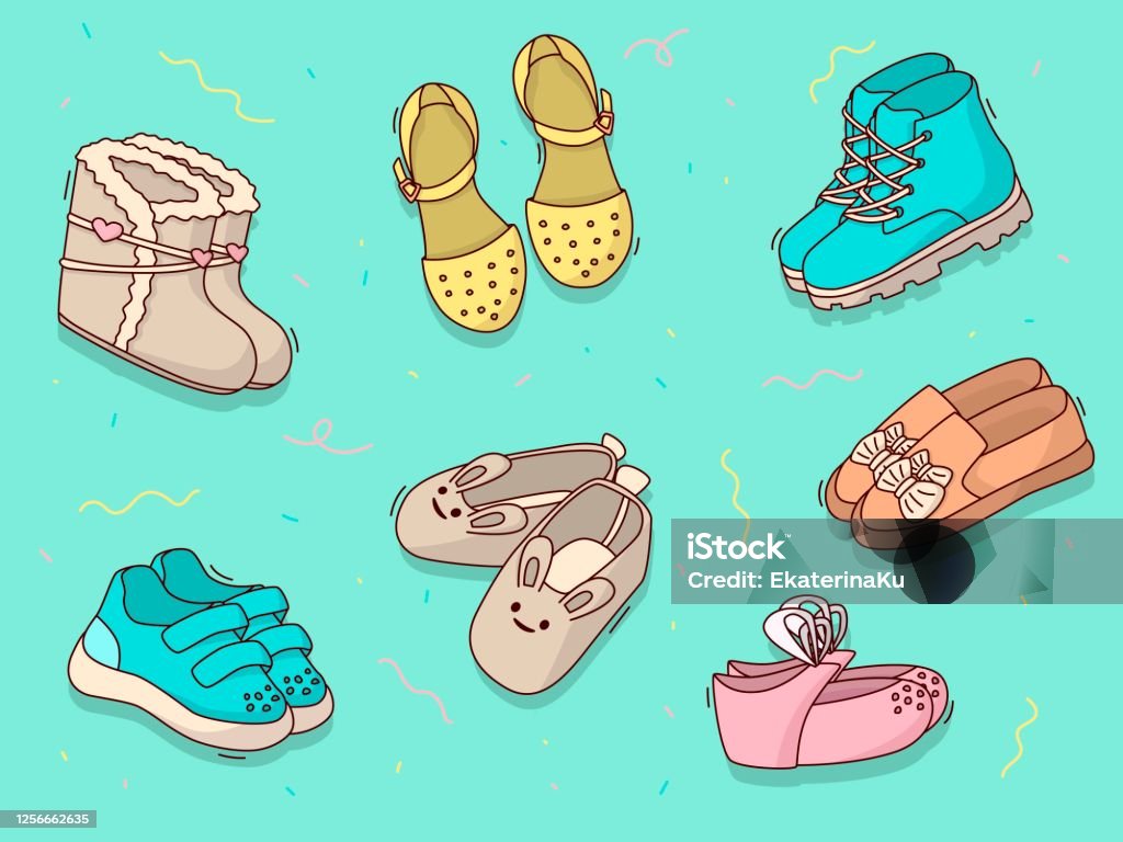 Ilustración de Conjunto De Iconos De Dibujos Animados Divertidos Patrón De  Zapatos Infantiles Sandalias Zapatillas Zapatos Botas Zapatillas Con  Decoraciones y más Vectores Libres de Derechos de Zapato de bebé - iStock