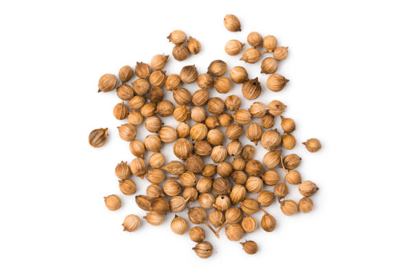 istock Heap of raw, unprocessed organic coriander or cilantro seeds on white background 1256664666