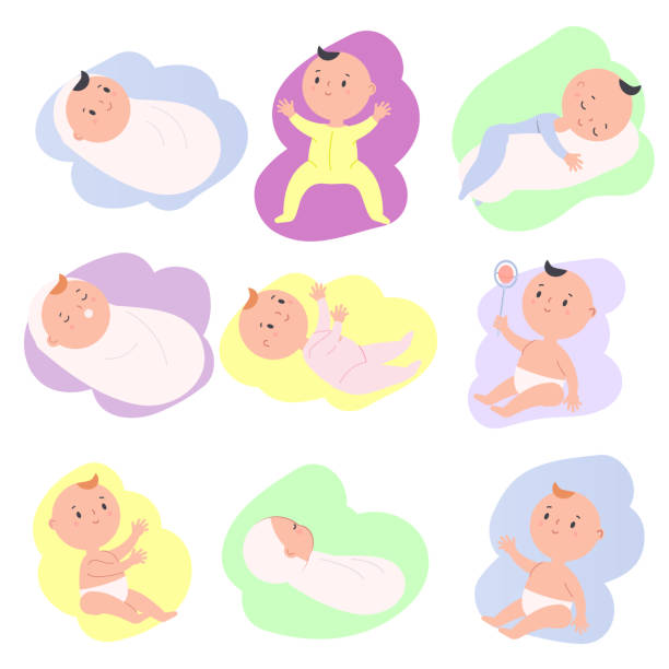 ilustrações, clipart, desenhos animados e ícones de crianças prontas. bebê de desenho animado em diferentes posições. recém-nascido, criança dormir, sentar, brincar - baby blanket illustrations