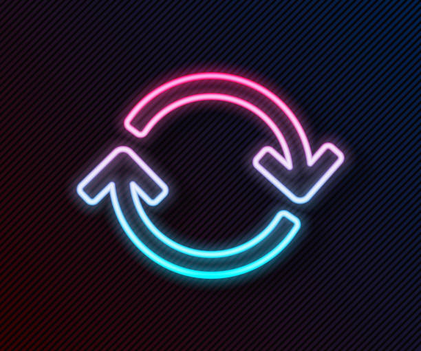 ilustrações de stock, clip art, desenhos animados e ícones de glowing neon line refresh icon isolated on black background. reload symbol. rotation arrows in a circle sign. vector illustration - repetition